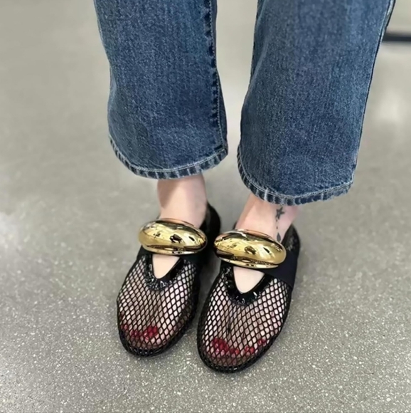 Mesh Ballet Flats Black Ballerina Shoes with Gold Buckle strap - Picture 1 of 9